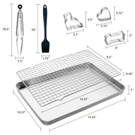 PanPacific Stainless Steel Baking Pan Cookie Sheet with Cooling Rack, Includes Stainless Steel Tong/Silicone Basting Brush/Biscuit Molds, Size 15x10x1", Multipurpose/Heavy Duty/Dishwasher Safe