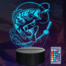 POSSHE Fish Night Light, Fish 3D Illusion Lamp, Go Fishing Man Gifts with 16 Colors Changing, Remote Control, Dimmable, Kids Room Decoration, Xmas Fishing Gifts