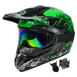 SPARK Dirt Bike Helmets Kids Motorcycle Helmet Youth ATV Motocross Full Face Men Women Off-Road Mountain Bike Helmet Adult with(Gloves Goggles Mask) DOT Approved 4Pcs Set (Green, Large)