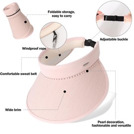 Visors Sun Hat for Women - Foldable Adjustable Summer Hats Pearl Trimmed Golf UV Protection Wide Brim Elegant for Casual Travel Sun Visors Cap Pink