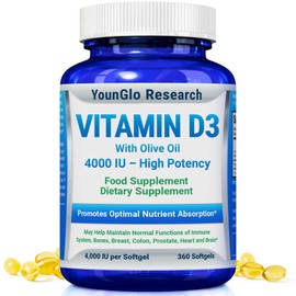 YounGlo Research Vitamin D3 4000 IU Dietary Supplement to Promote Healthy Bone & Immune Function, Easy-to-Swallow 360 Softgels