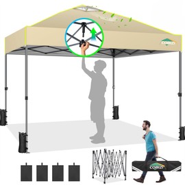 COBIZI Canopy 10x10 Pop Up Canopy Tent 1-Button Push Easy up Outdoor Canopy Instant Portable Commercial Shelter Waterproof UPF50+ Gazebo with Reflective Strip, Air Vent & 4 Sandbags,Khaki