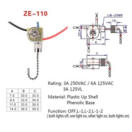Ceiling Light Switch,ZE-110 3 Way 3-Wire Fan Light Switch Replacement Pull Chain Switch Compatible with Hunter Ceiling Fan (Nickel)