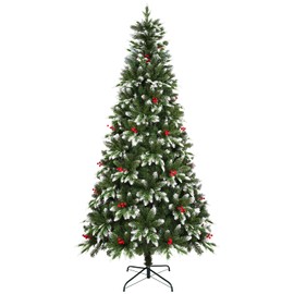 Uten Artificial Christmas Tree, 6Ft Snow Flocked Xmas Tree with Mixed 850 Branch Tips, Red Holly Berries, Metal Stand, Easy Assembly for Home, Office, Holiday