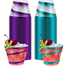 Gejoy 9 oz Rimmed Swirl Plastic Cups Disposable Wine Drinking Cups Clear Elegant Wedding Tumblers for Engagement Single Party Supplies(Purple, Blue)