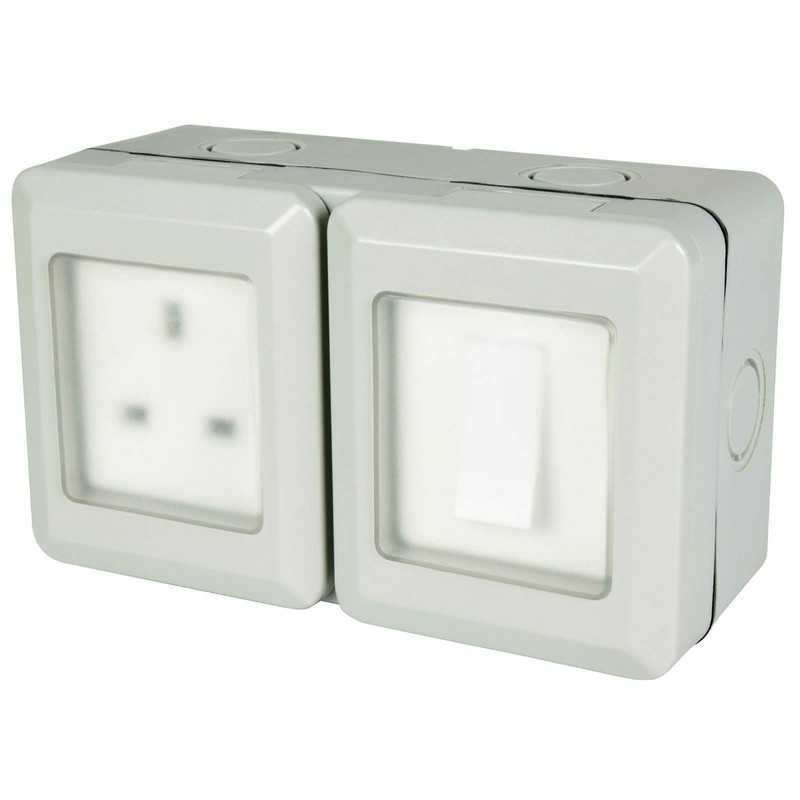 Double Gang Fully Weatherproof Switch & 3 Pin UK Power