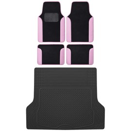 BDK MT-202 Vibrant Color Carpet Floor Mats, Two Tone Color Design with PU Leather Trim, Universal Front & Rear Combo Set with Trunk Cargo Mat Liner for Car Sedan SUV Van, Heavy Duty All Weather