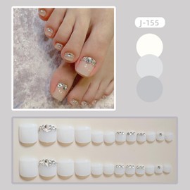 Vezocim White False Toenails Sets, Press on Toenails Coffin with Rhinestone Designs, Full Cover Artificial Acrylic Fake Nails for Toe, Glue on Toenails with Charm, Stick on Toe Nails for Women