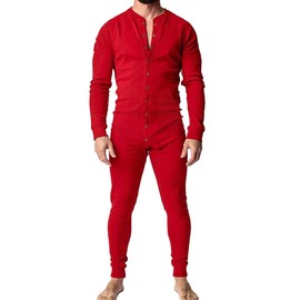Muscle Alive Mens Long Sleeve Onesie Henley Jumpsuit Stretchy Cotton Ramper Red M
