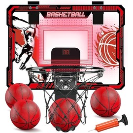 Basketball Hoop Indoor, Over The Door Basketball Hoops with LED Lighting, Mini Hoop with Electronic Scoreboard, 4 Balls & Pump, Basketball Gifts for 5 6 7 8 9 10 11 12 Year Old Boys Girls