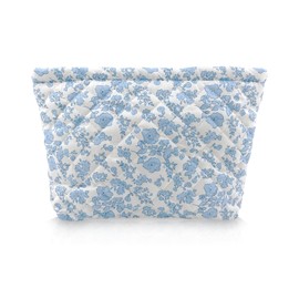 Yovell Quilted Makeup Bag Floral Makeup Bag Cute Make Up Pouch Travel Organizer Toiletry Bag Cotton Cosmetic Bags for Women Girls (Blue)