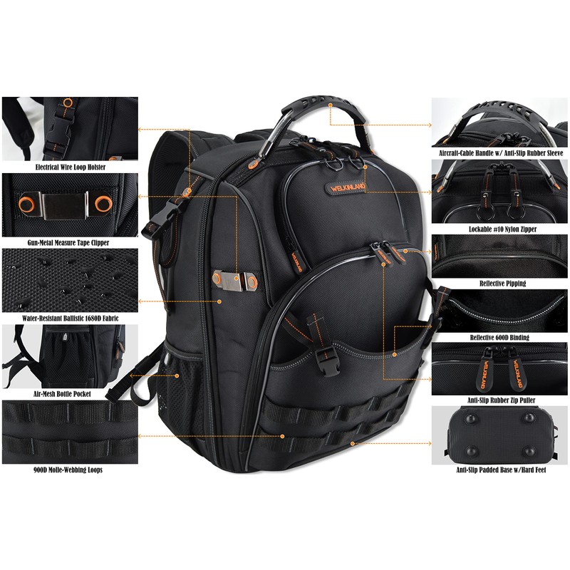 66-Pockets Tool Bag, Heavy-Duty Jobsite back pack for electricians, construction,