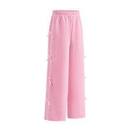 OYOANGLE Girl's Cute Bow Side Elastic Waist Sweatpants Y2K Straight Leg Trousers with Pocket Pink 9Y