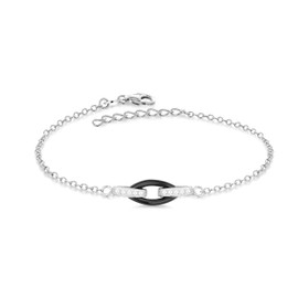 Tuscany Silver Rhodium Plated Oval Black Ceramic and Cubic Zirconia Link Adjustable Bracelet of 15.25-18 cm