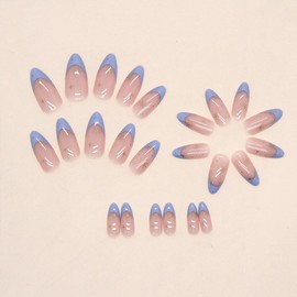 Blue French Press on Nails Medium Almond Fake Nails Full Cover Acrylic False Nails with Designs Star Glossy Glue on Nails Pink Nude Stiletto Artificial Stick on Nails for Women Girls Manicure 24pcs