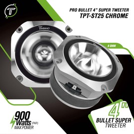 Timpano Super Tweeter 4 Inch TPT-ST25 Chrome, 8 Ohm, 900 Watts Max, 107 dB, 1.5 in Voice Coil, HIgh Sensitivity, Slim Profile Bullet Tweeters Speakers for Pro Audio (Pair)