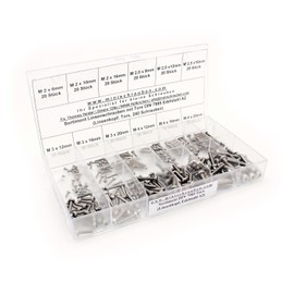 Assortment box with 240 pieces small raised head screws according to DIN 7985-TX made of stainless steel A2 (M2, M2.5, M3 and M4), TX, pan head. Mini screws assortment including labelled box