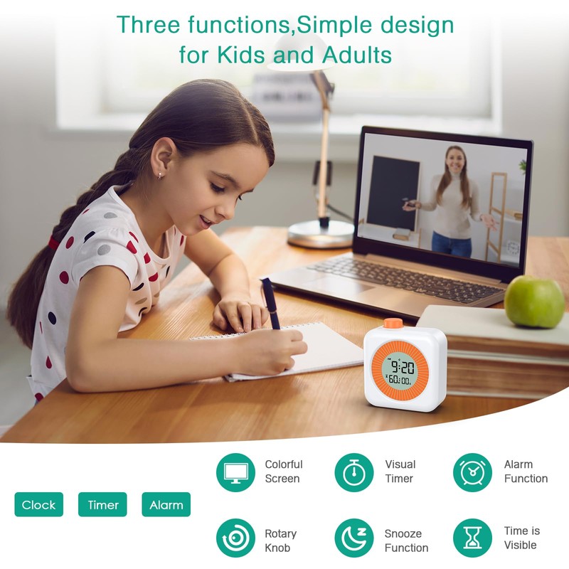 ORIA Visual Timer, 3-in-1 Clock with Visual Timer, Large LCD