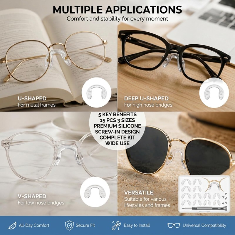 15 Pcs U Shaped Silicone Eyeglasses Nose Pads,Screw-in Glasses Nose