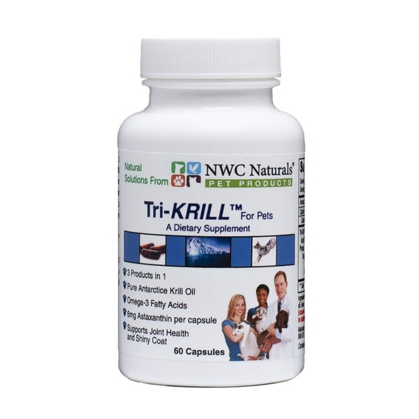 Tri-Krill Oil Capsule Supplement for Dogs and Cats, Supports Joint, Brain, Supports Healthy Skin and Coat, Pure Antarctic Krill with Astaxanthin, Omega-3, DHA, EPA by NWC Naturals