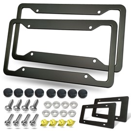 BGGTMO Matte Black Aluminum License Plate Frames- 2 Pack Heavy Duty Car Tag Cover for Front & Rear, 4 Hole Rust Proof Universal Holder, Mount Screws Caps, Inserts, Rattle Proof Pads
