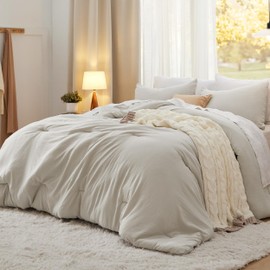 Bedsure Oversized Queen Comforter Set, Beige Soft Prewashed Bed Comforter for All Seasons, 3 Pieces Warm Bedding Sets, 1 Lightweight Comforter (98"x98") and 2 Pillowcases (20"x30")
