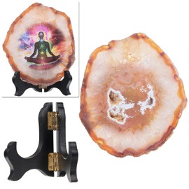 mookaitedecor Chakra Symbol Agate Disc with Wooden Stand, Irregular Agate Stone Figure for Office Home Decor and Reiki Healing