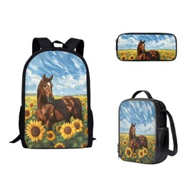 XYZCANDO Horse Sunflower Backpack for Boys Girls, 3 Pcs Kids Backpack Set with Lunch Bag, Elementary Middle High School Children Bookbag Travel Rucksack with Pencil Case