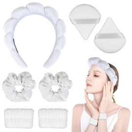 7 Pcs Diademas Skincare para Cabello Mujer, Diadema Spa, Muñequeras, Borlas y Scrunchies para Cabello, Suave y Cómodo, Cuidado de la Piel para Lavado 