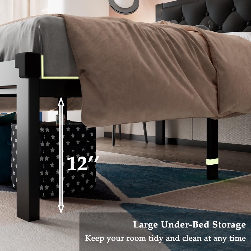 Feonase Twin Size Metal Bed Frame with Faux Leather Button