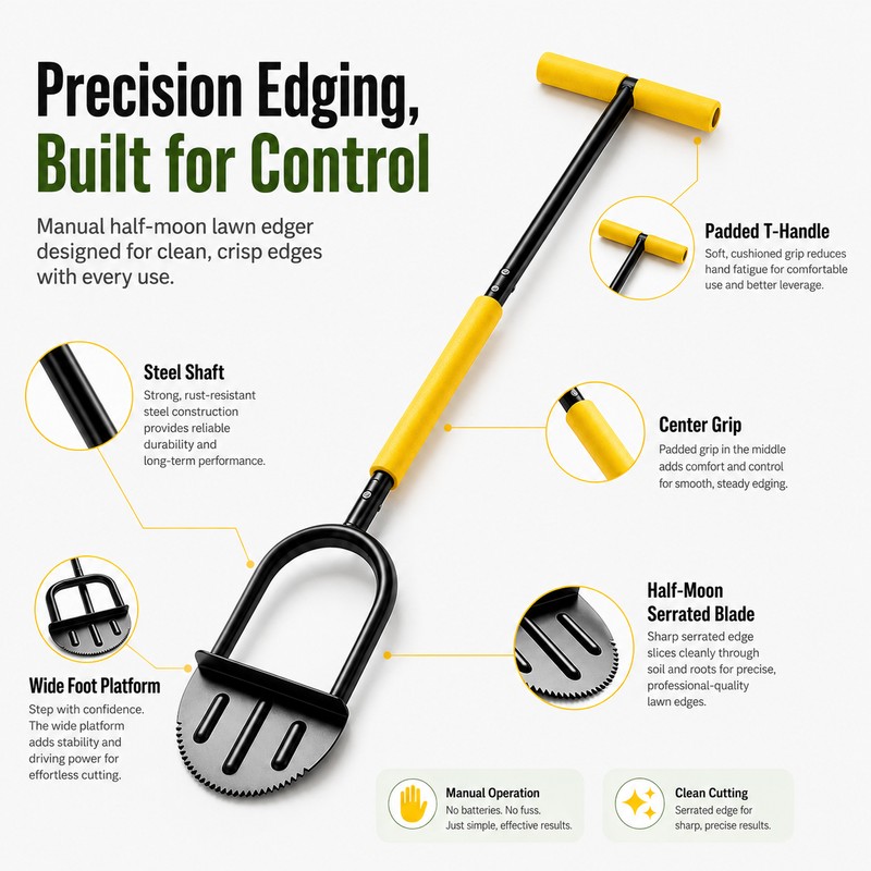 Manual Lawn Edger, 42-Inch Padded T-Handle Half-Moon Edging Tool with