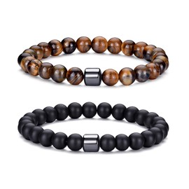 MOROTOLE Mens Beaded Bracelet Tiger Eye 8MM Natural Stone Beads Bracelet Set Adjustable Stretch Lava Rock Bracelets for Men Black Crystal Beaded Bracelets for Men Father Boyfriend Brother Gifts