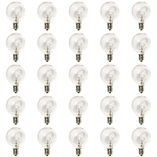 Afirst Paquete de 25 bombillas de repuesto G40 para base E12/C7, 5 W, bombillas de globo transparente, bombillas Edison, luz blanca cálida, resplandor para luces al aire libre.