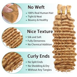 Human Braiding Hair for Boho Braids Human Hair 110g 18 Inch Curly Boho Hair for Braiding Knotless 12A Deep Wave Bohemian 3 Bundles/Pack Caramel Honey Blonde