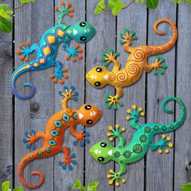 Liosecgar 4 Pcs Metal Gecko Outdoor Decorations - Metal Wall Art Hanging Sculpture Decoration for Garden Yard Fence Porch Wall Decor, Gift for Mom Dad Friends
