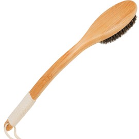 OWIIZI Horsehair Bath Brush Bamboo Curved Long Handle Antiskid Body Brush for Exfoliating, Natural Mane Shower Scrubber for Back Use Wet or Dry,Back Scrub Deep Cleanse-17.9inches