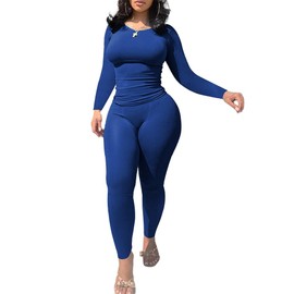 Nimsruc Two Piece Outfits For Women Casual Jogging Suits Long Sleeve Tracksuits Bodycon Crew Neck Sweatsuits Pants Sets Matching Blue XL