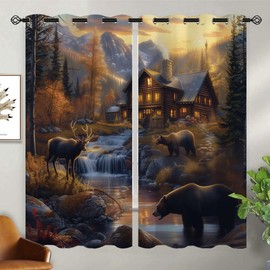 Rustic Cabin Blackout Curtains for Girls Boy Home Decor, Vintage Lodge Bear Moose Deer Country Grommet Thermal Insulated Drapes Darkening Window Curtain for Bedroom Living Room, 42 x 45 Inch