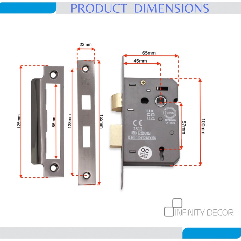 Infinity Decor Fire Rated Black Nickel 3 Lever Mortice Sash
