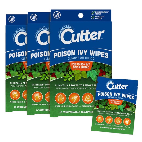 Cutter Poison Ivy Wipes, On-the-Go Cleansing for Poison Ivy, Oak & Sumac, 12 Wipes, (3 Pack)