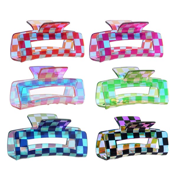 baotongle 6pcs Checkered Hair Claw Clips for Thin Thick Hair Checkered Hair Clips Acrylic Small Claw Clip with Strong Hold for Women Girls Long Short Hair(4.1x2.1'', Multicolor)