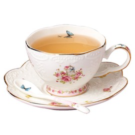 Jusalpha® Vintage Porcelain Flower Series Tea Sets, Tea Cup Saucer Set with Teapot Warmer- Filter and Spoon, 16pcs in 1 set (16pcs set)