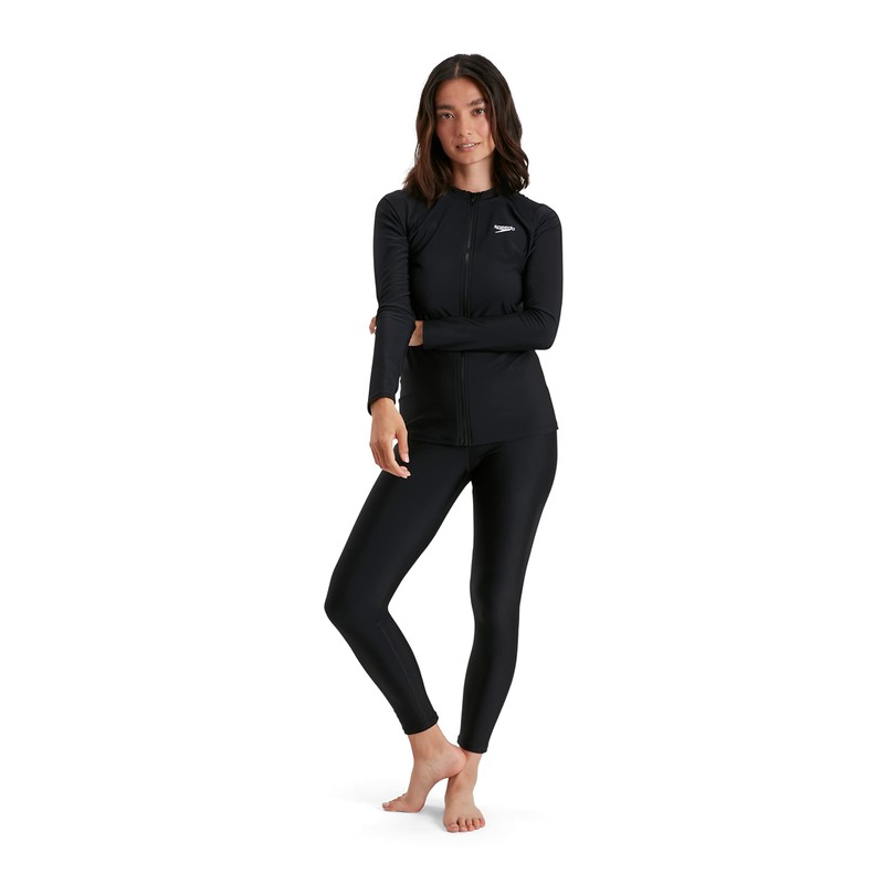 Speedo Women's Eco Zip Long Sleeve Rash Top, Black/White, Small