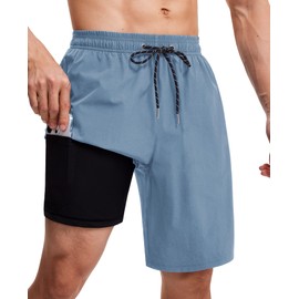 Milin Naco Swim Trunks 9 Inch Compression Liner 2 in 1 Quick Dry Swimming Shorts with Zip Pockets Drawstring Bathing Suits, 06-cool Blue, Medium