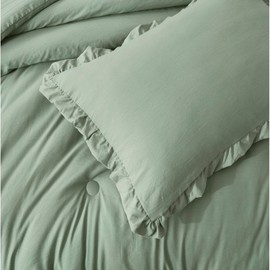 3-Piece Luxury Sophisticated Crinkled Stone Washed Microfiber Ruffle Comforter Set | Edge Trim Ring Stitch Vintage Sage Green Solid Color | Modern Cozy Fluffy Shabby Chic Bedding Oversized King Size