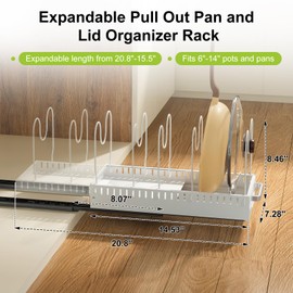 Fovkdcvw Pots and Pans Organizer Under Cabinet with Drain Board, Pull-out Expandable Pot Lid Organizer inside Cabinet Holder with 10 Adjustable Compartment, Rack for Cutting Board, White (Pack of 2)