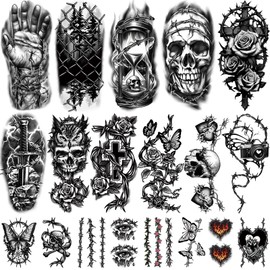 77 Sheets Temporary Tattoo for Men Women, 17 Sheets Waterproof Half Arm Skull Wings Dinosaur Rose Barbed Fake Tattoos for Adult Arm Neck, 60 Sheets Tiny Realistic Temporary Tattoos for Girls and Boys