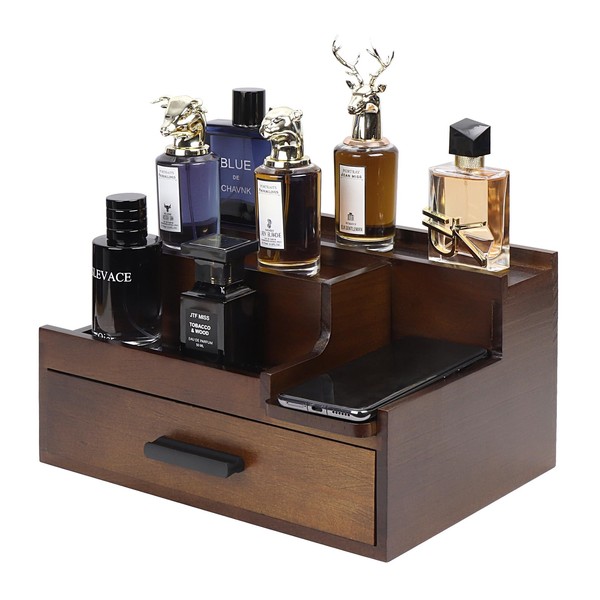 Butizone Cologne Organizer for Men, 3 Tier Perfume Stand Holder with Drawer and Hidden Compartment, Cologne Display Shelf for Dresser, Great Gift for Man/Father, Brown