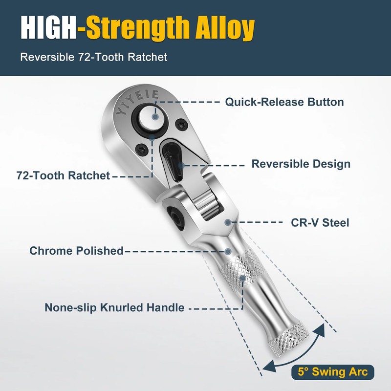 YIYEIE Stubby Flex Head Ratchet Set, 6PCS Stubby Ratchet Set