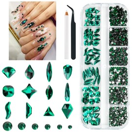 qiipii Green Nail Rhinestones Multi Shapes Emerald Green Rhinestones for Nails Flatback Nail Big Gems K9 Glass Round Beads Stones Diamonds Nail Charms Art for Nails Faces Eyes Crafts DIY